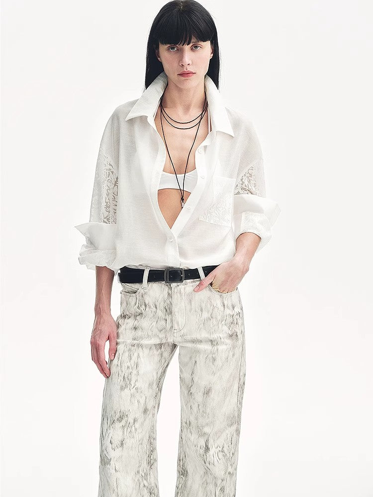 "Ideal Spring Day" Jacquard Hollow Drop Shoulder Shirt Summer