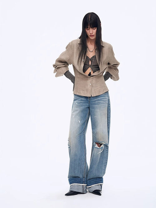 "Berlin Afternoon Tea" Refreshing breathable twill linen deconstructed silhouette old money style waist shirt top